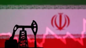 FILE PHOTO: Illustration shows Iran flag, oil pump jack and stock graph